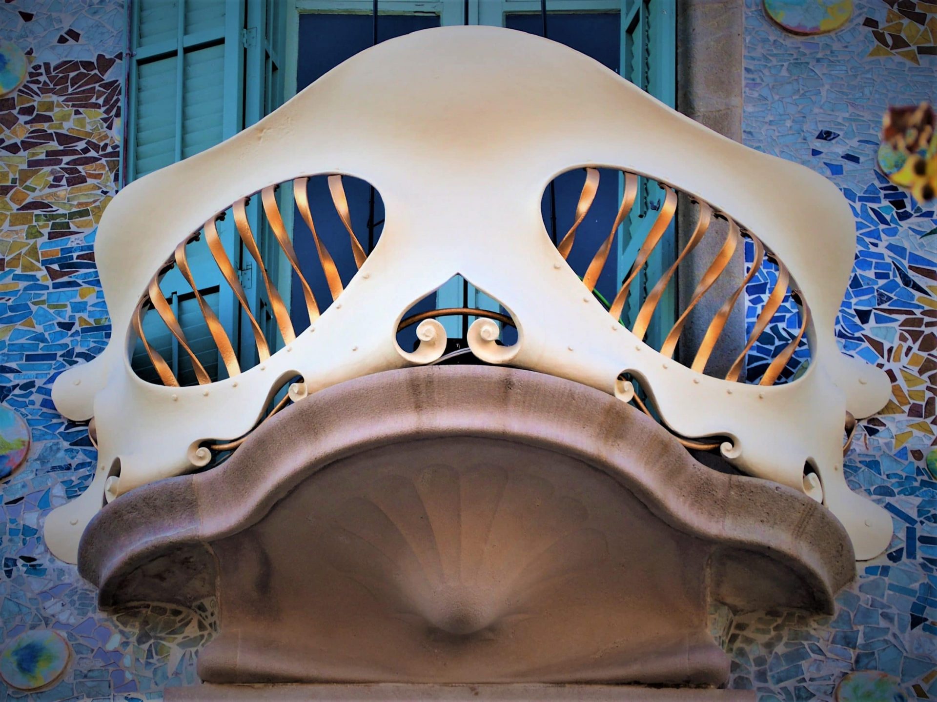White balcony of the Batllo House by Gaudí, Passeig de Gracia, Barcelona.