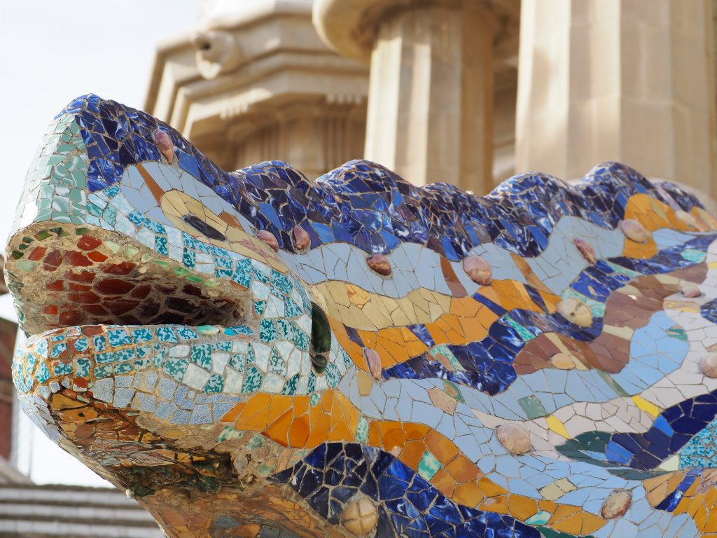 The Park Güell salamander sculpture, decorated with colorful mosaics. Barcelona