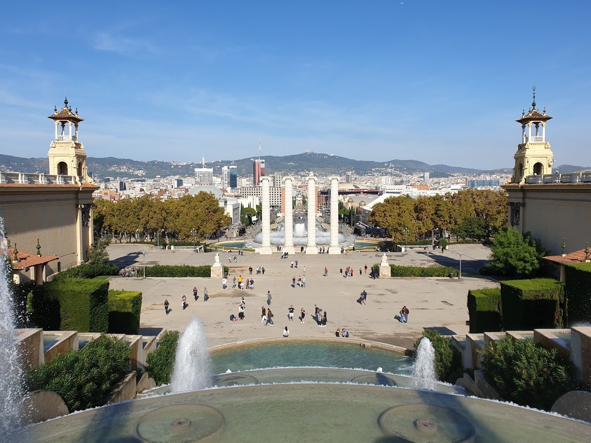 View of the Magic Fountain, espanya square and the Tibidabo hill from Montjuic, Barcelona.